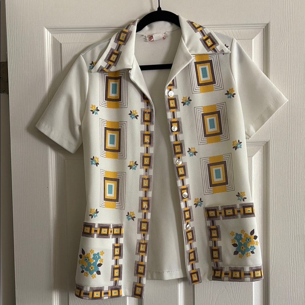 White and Brown Button Down Shirt with Geometric Pattern